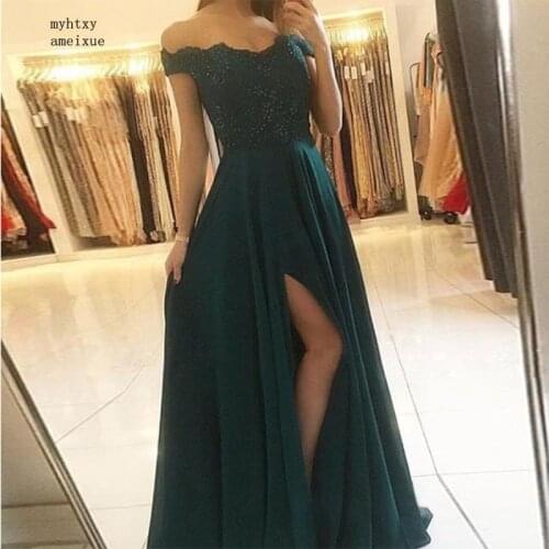 2020 Off The Shoulder Dark Green Evening Dresses Appliques Beading Long Women Formal Party Gowns Front Split Vestido De Noche