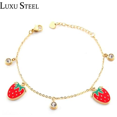LUXUSTEEL Cute Baby Girl Strawberry and Round Cubic Zirconia Chains Bracelets Best Friend Stainless Steel Collier Bangles Mujer