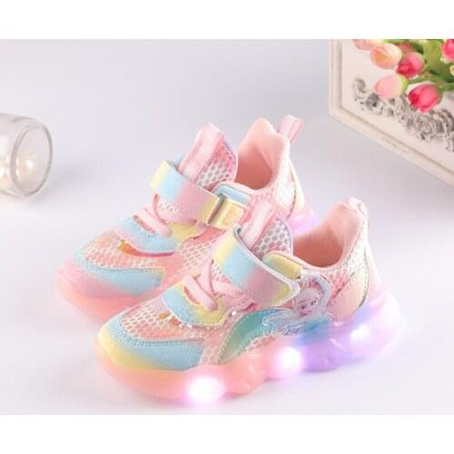 Disney Frozen Elsa Childrens 2021 Luminous Sneakers Girls Kids Shoes For Tenis Infantil Led Boys Glowing Sports Shoes