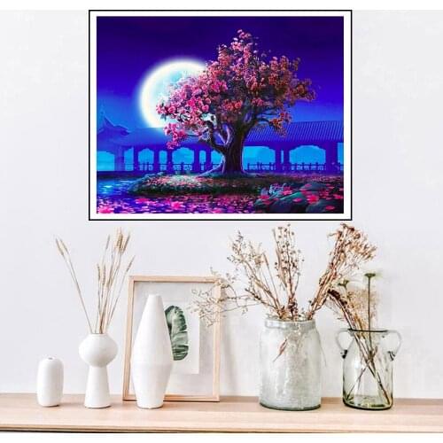 DIY Oil Painting Paint By Numbers"Trees In The Moonlight" Acrylic Paint Drawing on Canvas Wall Art Hand Painted Home Decor