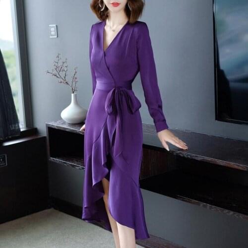Elegant Temperament Purple Dress Womens 2020 Autumn Slim Dress Female Mid-Length Long-Sleeve V-neck Wrap Vestidos Ladies Q388