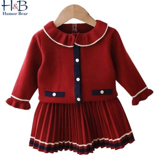 Humor Bear Girls Clothes Suit Autumn Winter New Doll Collar Girls Sweater+Pleated Skirt Sets Baby Kids Children Clothes For Girl