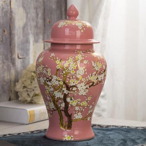 Retro Temple jar Ceramic Storage jar pot Home Furnishings Creative Living Room Model Furnishings plum blossom pink porcelain jar