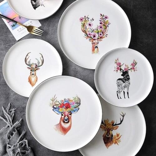 Ceramic Round Elk Plate 10 Inch Creative Animal Pattern Tableware Home Storage Tray Restaurant Decoration Kitchen Supplies