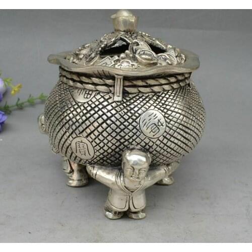 Chinese Tibetan Silver Copper Silver Kids Wealth Incense Burner Bronze Statue