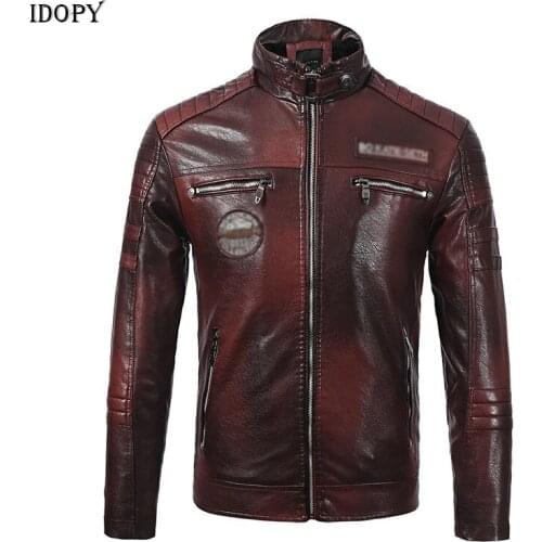 Idopy Winter New Faux Leather Jacket Motorcycle Multi Zippers Patches PU Biker Thick WarmFleeced Jacket and Coat Plus Size L-3XL