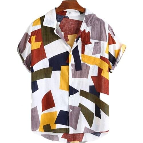 Plus Size Hawaiian Shirts Men Ethinic Print Short Sleeve Shirts for Men Cotton Blend Casual Lapel Shirts Men Tops Mens Clothing