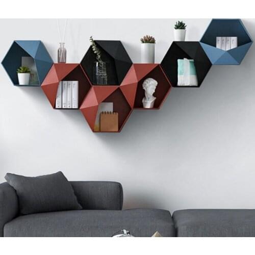 Nordic Geometric Wall Mounted Storage Holder Bathroom Hexagon Floating Shelves Living Room Decorative Geometric Punch-free Shelf