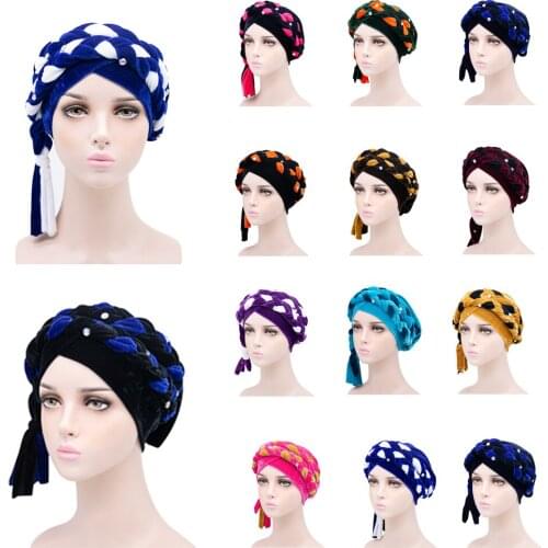 New Style Velvet Bonnet Muslim Long Braid Cap National Ethnic Two-colors Bead Adult Women Cap Headscarf Bonnet Turban Wholesale