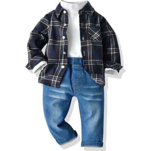 Tem Doger 2021 Autumn Winter Kids Boys Clothing Sets t-shirt+Plaid Shirt+Jeans 3pcs Set Casual Infant Boy Outfits