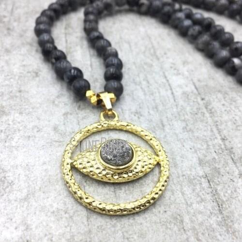 5Pcs Druzy Crystal Evil Eye Gold Color Irregular Surface Round Shape Necklace Black Labradorite Necklace Online 32inch NM4847