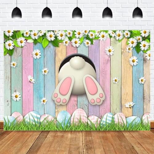 Rabbit Easter Photography Backdrop Photocall Colorful Wood Floor Spring Easter Eggs Background White Flowers Grass Some Bunny
