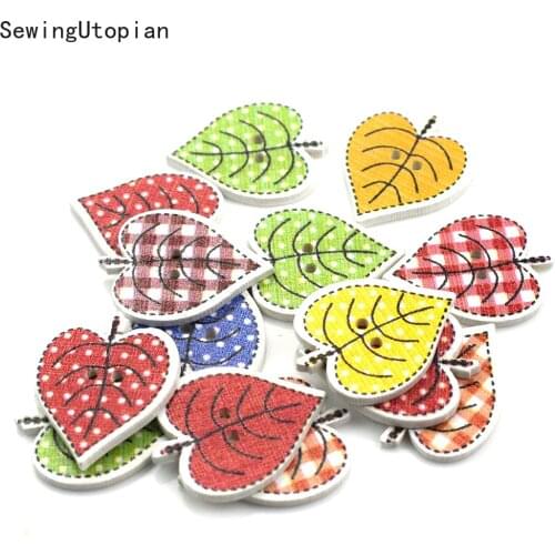 50PCS Leaves 2 Holes Buttons Sewing Tools Decorative Wooden Button Scrapbooking Garment DIY for Children Clothes Accessories
