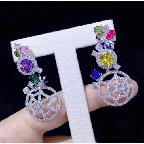 Asymmetry earring spider cobweb drop earring 925 sterling silver cubic zircon multi color fine women jewelry