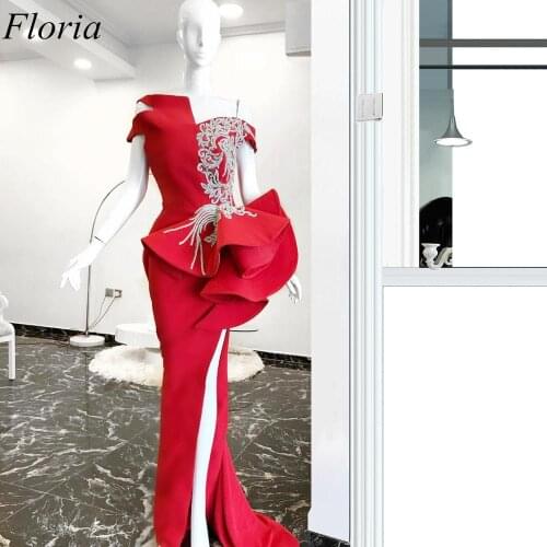 Special Design Red Arabic Evening Dresses 2019 Long Mermaid High Split Prom Dress Sexy Turkish robe de soiree Celebrity Gowns