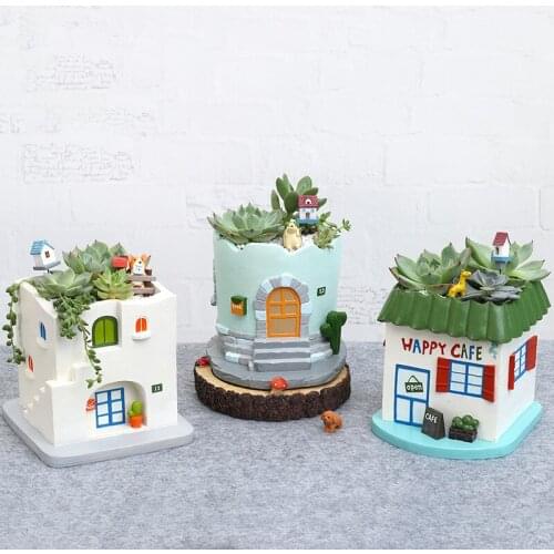 Creative Succulent Flower Pot Resin Craft Home Decoration Ornaments Pastoral Micro Landscape House FlowerPot Garden Potted Plant