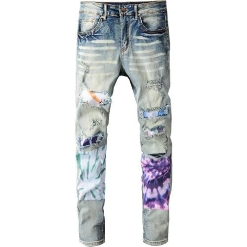 Street Trendy Men Jean Motorcycle Pant Punk Denim Pant Hip Hop Jean Men Hole Tie Dye Stitching Contrast Patch Fabric Ripped Jean