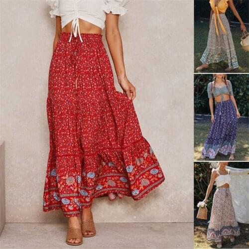 2021 spring & summer skirts floral printed high-waisted long maxi skirt all-match pleated skirt young women A-line BSQ159