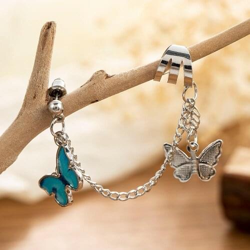 Hanging Butterfly Clip Earrings Ear Hook Rock Hoop Punk Double Pierced Unusual Earring Women Girls Goth Jewelry Wholesale