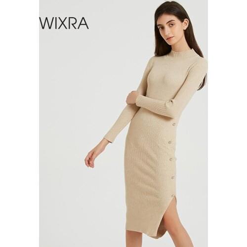 Wixra Knitted Sweater Dress Elegant Knee-Length Button Split Dresses Autumn Winter Long Sleeve Solid Bodycon Dress