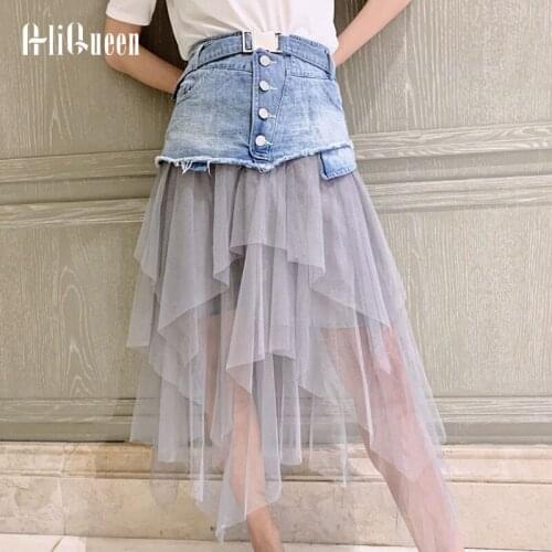 Spring Summer Women Vintage Lace Net Yarn Splicing Pleated Irregular Denim Skirts Female Streetwear High Waist Belt Midi Skirt