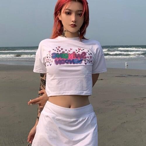 Caring Girl Cute Print Short Sleeve Goth Female Women T-shirts Short Anime T Shirt HipHop Summer Women Streetwear Crop Tops Y2k