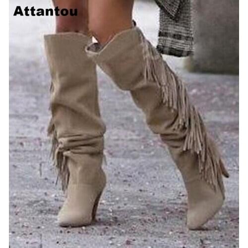 Hot sale Fashion tassel knee high boot women Real Leather side fringe high heel long suede leather pointed toe shoes
