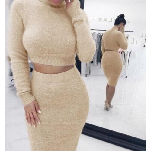 Women 2 Piece Set Autum Knit Turtleneck Long Sleeve Pullover+ Knee-Length Bodycon Skirt Autumn Women Knit Set