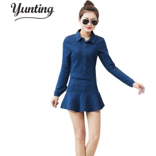 Spring Dress 2021 Korean Style Lady Jeans Dress Long Sleeve Slim Denim Dresses Casual Women turn down collar Dresses