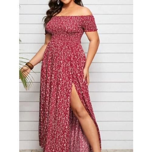 Plus Size Summer Dress Off Shoulder Fashion Floral Maxi Beach Slit Vintage Short Sleeve Backless Maxi Dresses For Women Party