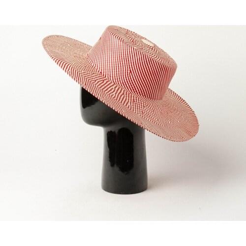 01912-hh7394A Hand woven red stripe fashion grass fedoras cap MEN women beach flat leisure hat