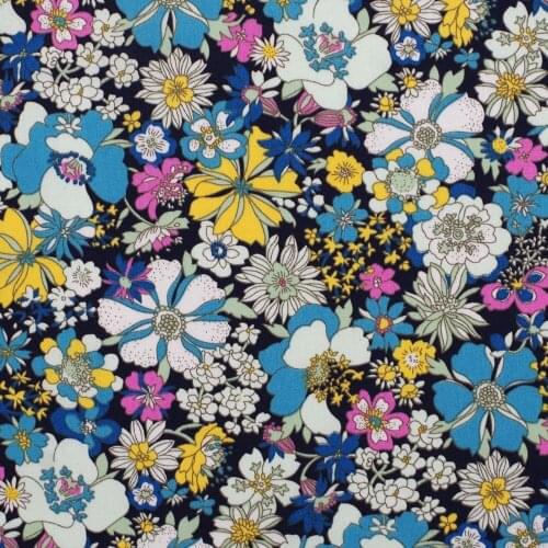 1 Yard Cotton Poplin Fabric for Sewing Patchwork, Dress, Cloth - Blue,White,Yellow Flowers on Black Background (width=140cm)