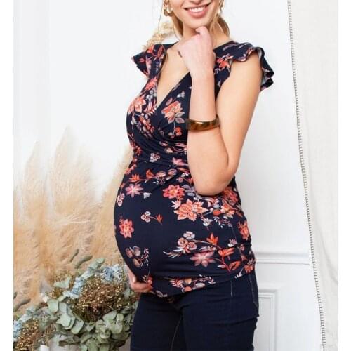 4# Flowers Printing Maternity T-shirts Women Pregnant Nusring Maternity V-neck Short Sleeve Pregnant T-shirt Femme Enceinte