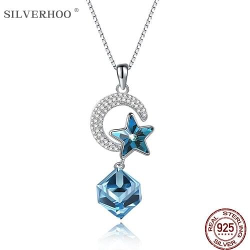 SILVERHOO Sterling Silver 925 Jewelry Moon Star Necklace Blue Square Austria Crystal Pendant Necklaces For Women Party Gift
