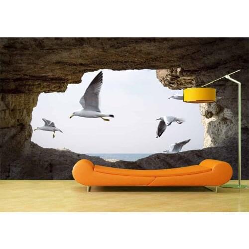 Custom Art Photo Wallpaper Birds Flying Outside Cave Wall Decoration Poster Vinyl Removable Wall Mural Wall Stickers For Bedroom
