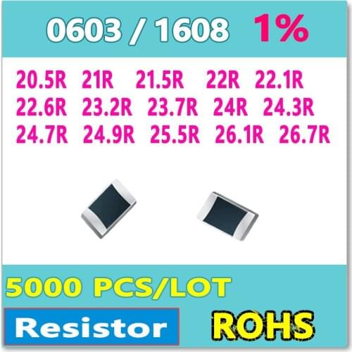 JASNPROSMA OHM 0603 F 1% 5000pcs 20.5R 21R 21.5R 22R 22.1R 22.6R 23.2R 23.7R 24R 24.3R 24.7R 24.9R 25.5R 26.1R 26.7R smd 1608