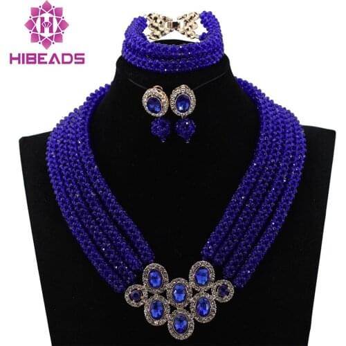 African Royal Blue Beads Earrings Necklace Jewelry Sets For Women Wedding Crystal Accessories Handmade WD074