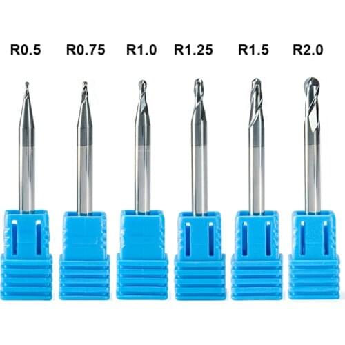 6pc ball nose end mill 2 flutes R0.5 R0.75 R1 R1.25 R1.5 R2.0 cnc end milling cutter metal slot machining hrc55 coated end mills
