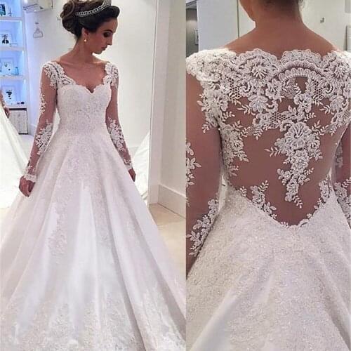 V-Neck Lace Appliques A-Line Wedding Dresses Modest Custom Made Bridal Gowns Natural Waistline Bridal Gowns Vestidos De Mariee