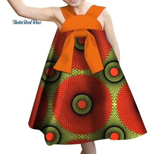 Summer Lovely Bow Knot Cotton A-Line Dress Bazin Riche African Print Dresses for Kids Child African Style Clothing WYT168