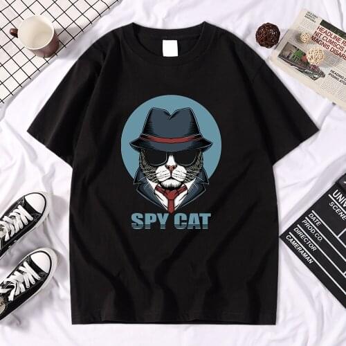 Gentleman Spy Cat Cool Print Male T Shirts Funny Round Neck Tshirt Summer Sports Loose Tee Shirt Vogue Big-Size T-Shirts Mens