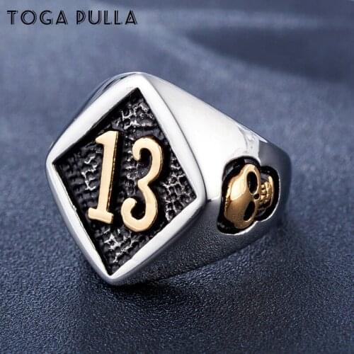 Cool Motor Biker Lucky 13 Ring 316L Stainless Steel Mens Boys Skull Ring Gold Silver Men Gothic Punk Ring Size 7-18