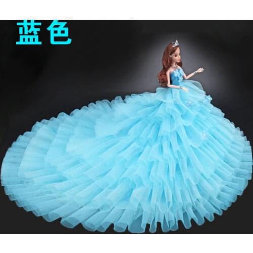 NK One Pcs Doll Dress Princess Blue Trailing Wedding Dress Noble Party Dress For Barbie Doll Accessories Girl Doll Best Gift 01L