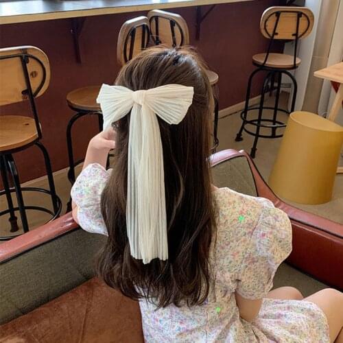 2021 New White Women casual Large Hairpin Chiffon Mesh Big Bowknot Ribbon Hairband Clip Lady Girls Spring Clip Hair Accessory