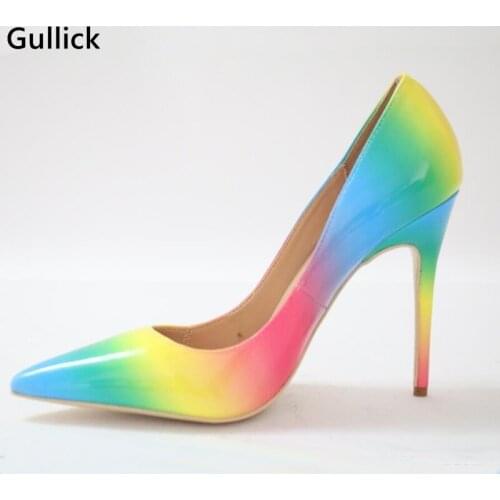 Gullick New Arrivals Rainbow Printed Leather Pumps For Women Pointed Toe Thin High Heels Gladiator Woman Party Office Dress Shoe