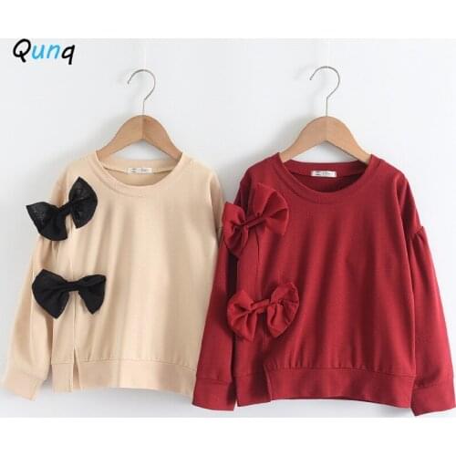 Qunq Girls Sweatshirt Double Bow Long Sleeve Spring Fall Kids Tops Clothes for Girl 2 3 4 5 6 Year Children Pullovers Shirts