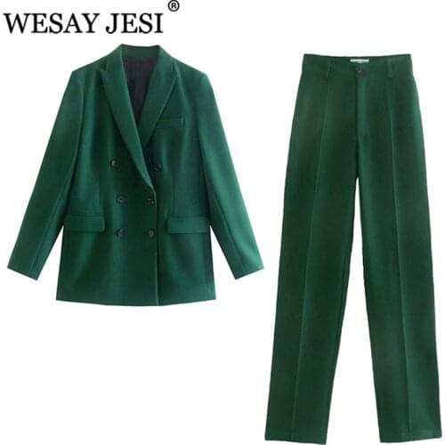 WESAY JESI Womens Jacktet Double Breasted Notched Blazer Office Suit Pantsuit Solid Long Sleeve Suit + Trousers Blazer Women
