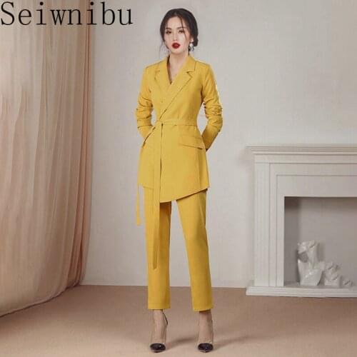 Runway Office Ladies Trousers Suit Spring Women Yellow Notched Belt Blazers 2 Piece Set + Fashion Pencil Work Pants Set