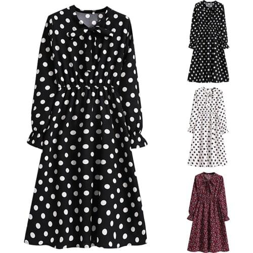Women Bowknot Nack Bottoming Dress Slim Long-sleeved Elastic Waist Mid-length DOT Dress Spring Autumn Elegant Ladies Dresses