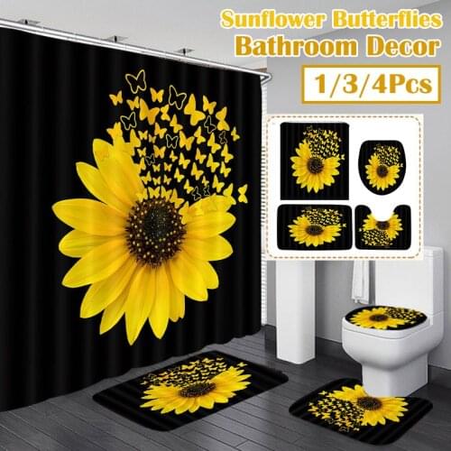 1/3/4Pcs Black background Sunflower Shower Curtain Sets Non-Slip Rugs Toilet Lid Cover and Bath Mat Waterproof Bathroom Curtains